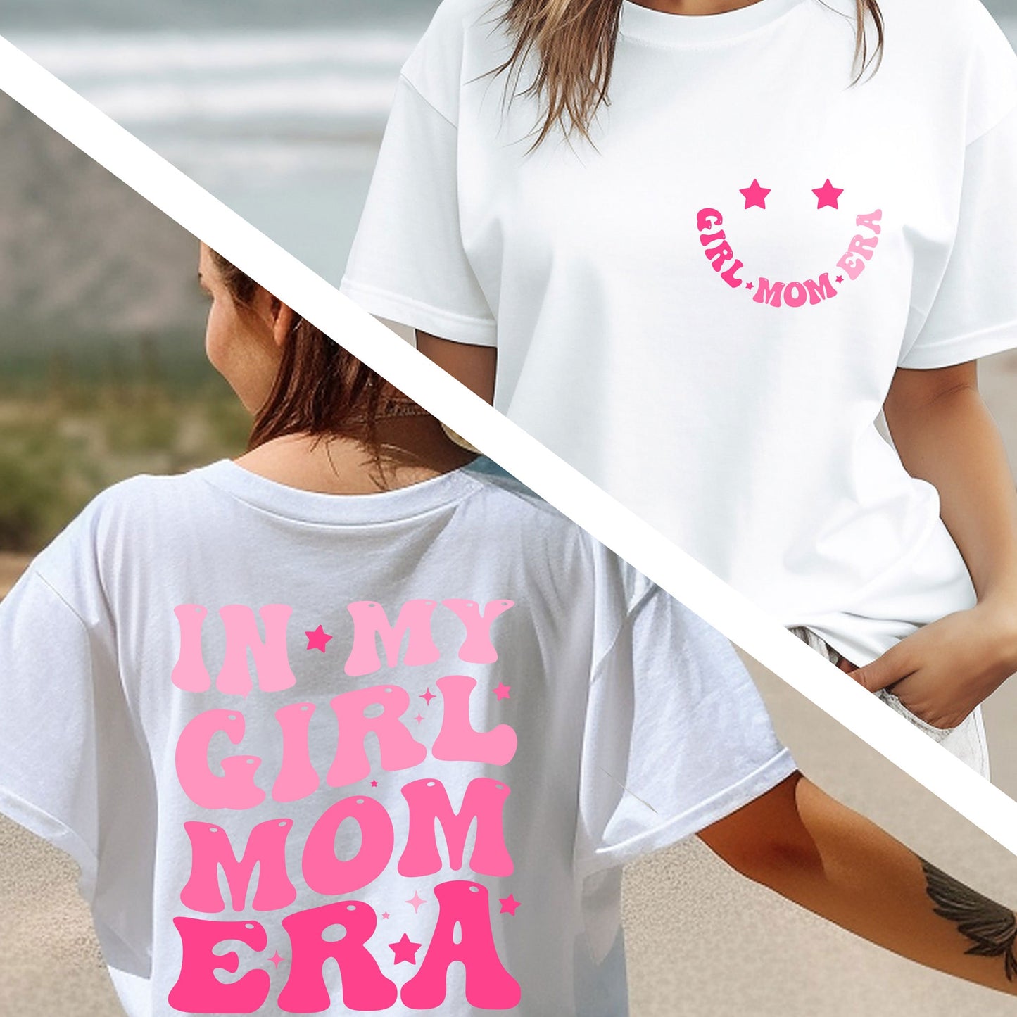 a woman holding onto another woman's back while wearing a t - shirt