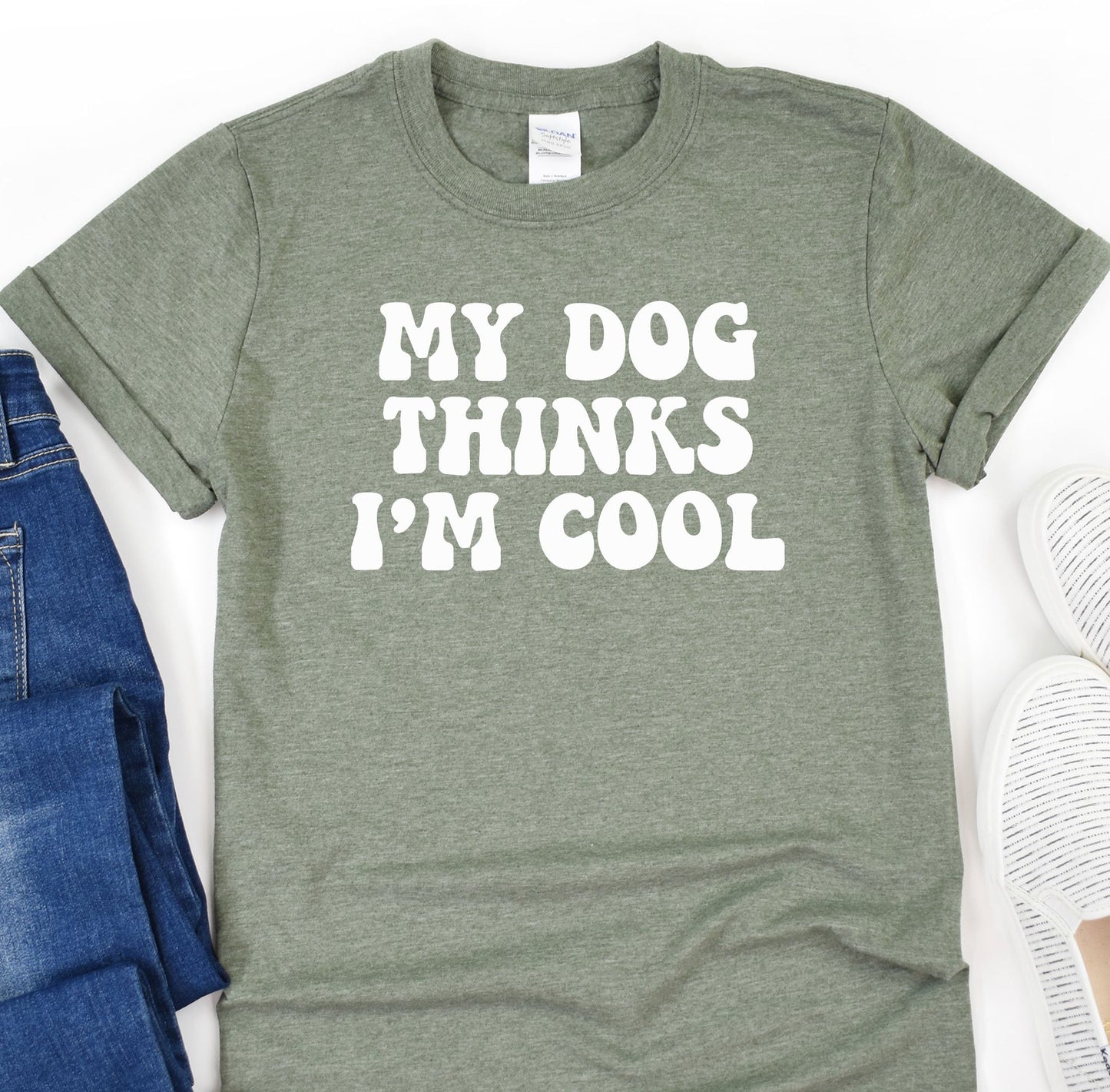 a t - shirt that says, my dog thinks i'm cool