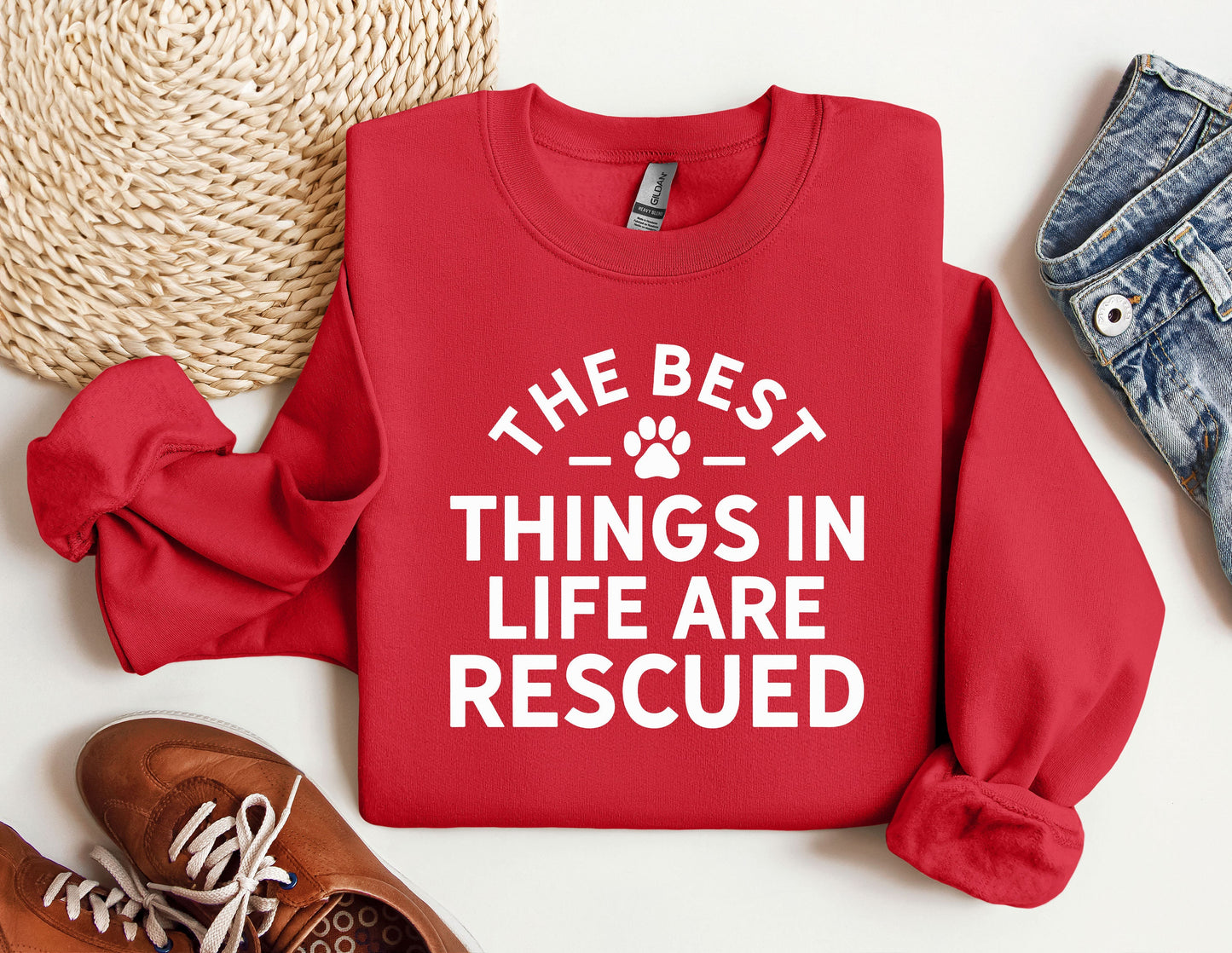 a red sweatshirt that says the best things in life are recorded