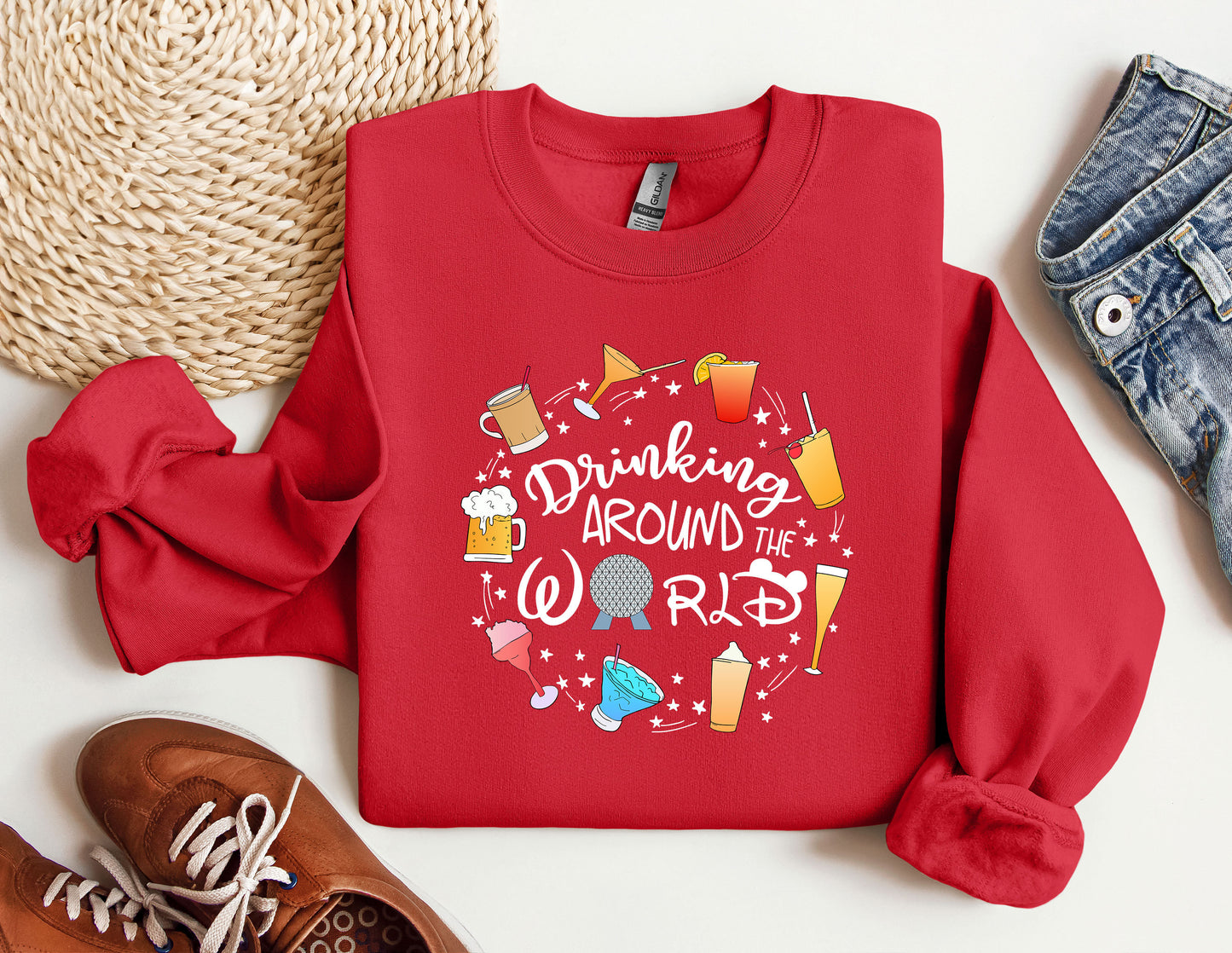 a red sweatshirt with the words drinking around the world on it