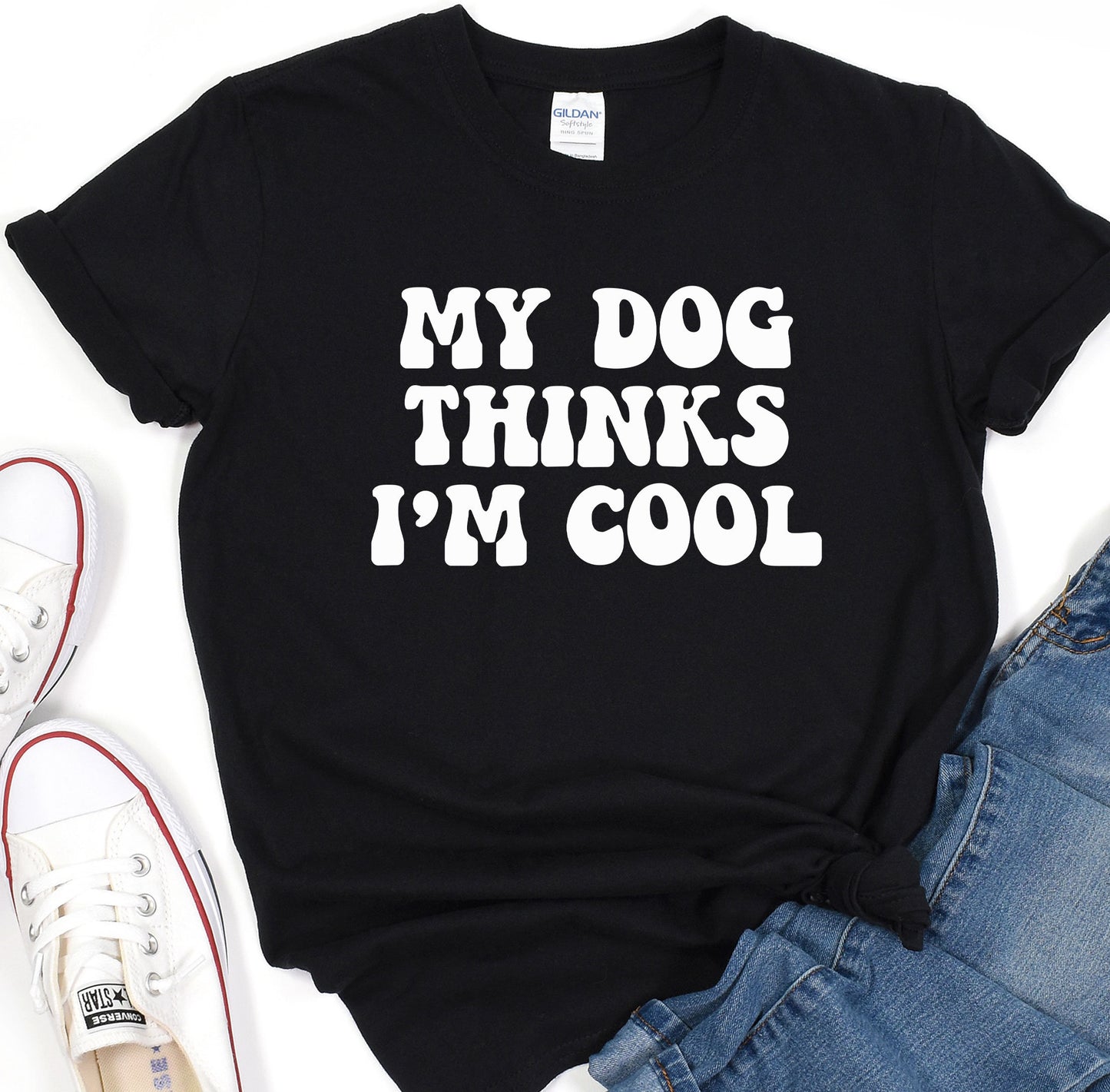 a t - shirt that says, my dog thinks i'm cool