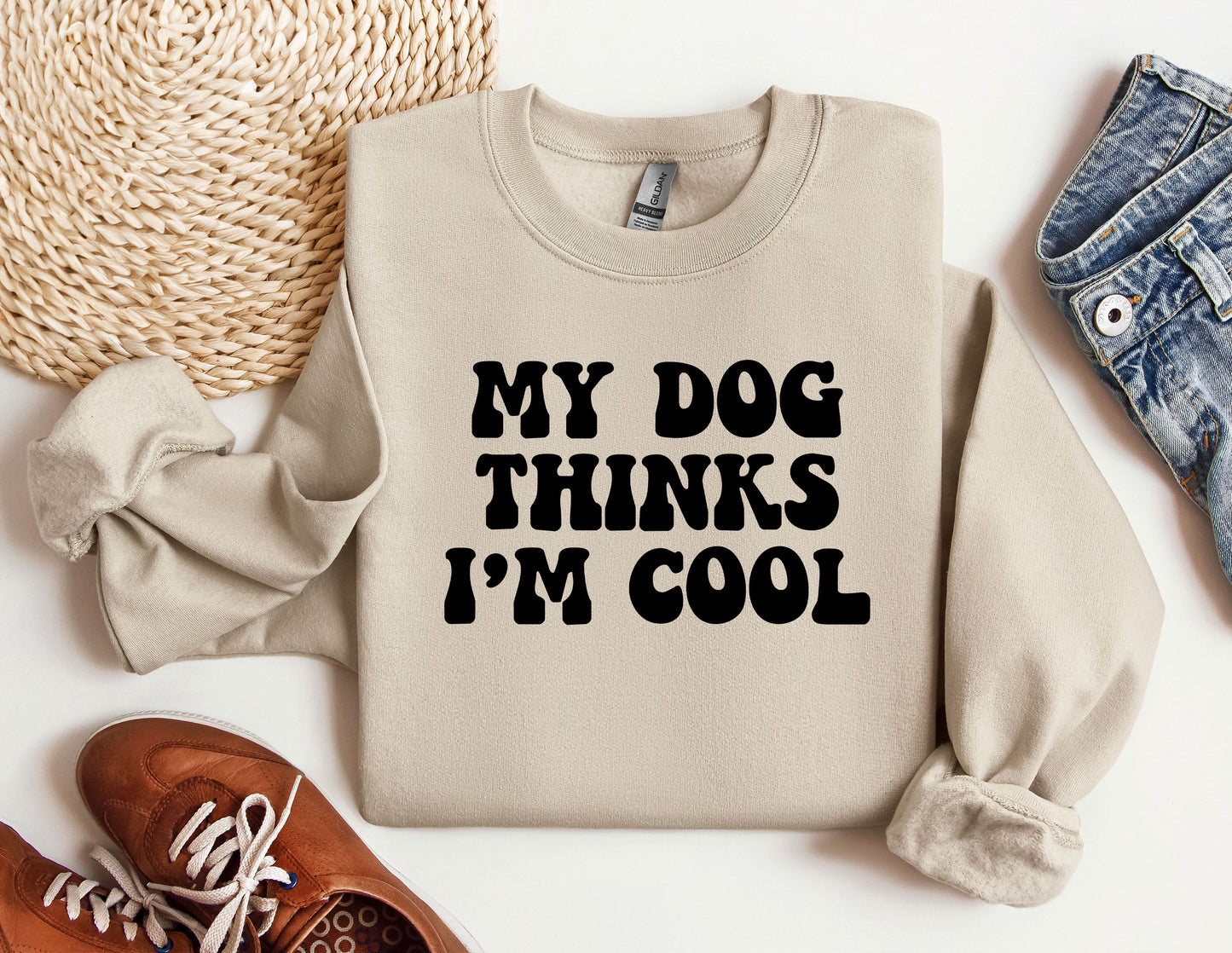a sweater that says, my dog thinks i'm cool