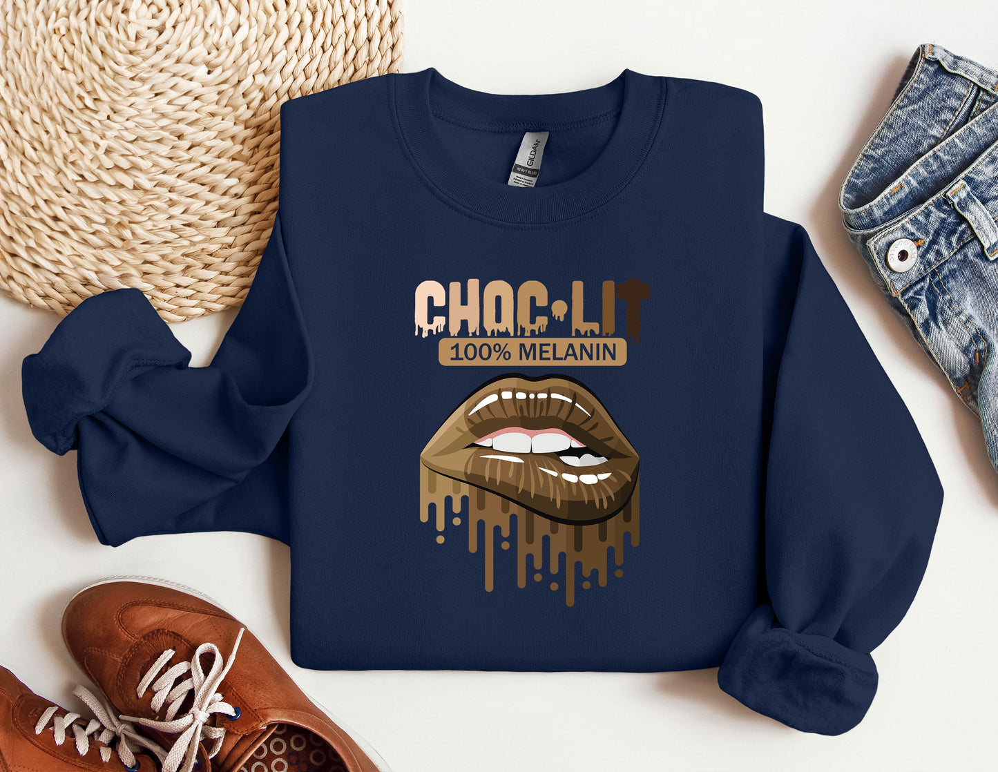 a blue shirt with a picture of a woman's mouth and the words cho