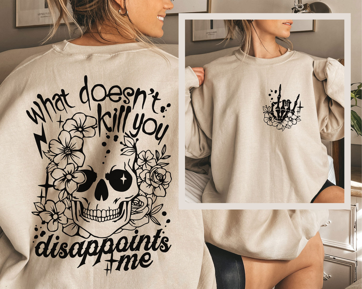 a woman wearing a sweatshirt that says what doesn't kill you
