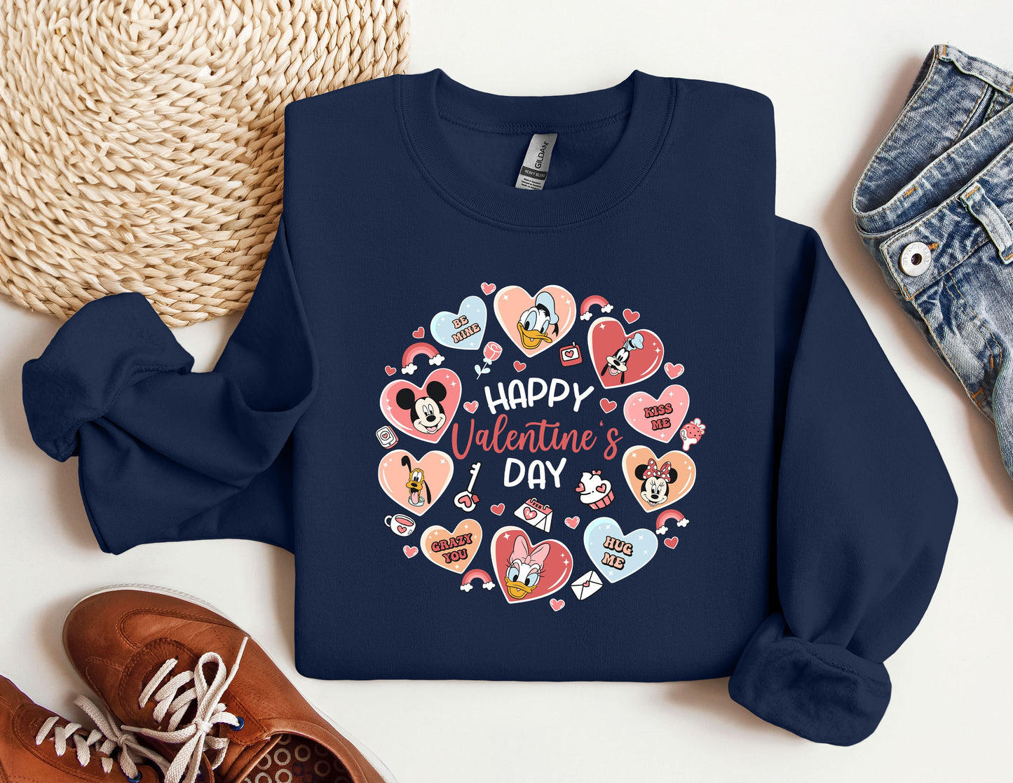 a blue sweatshirt with hearts and the words happy valentine's day
