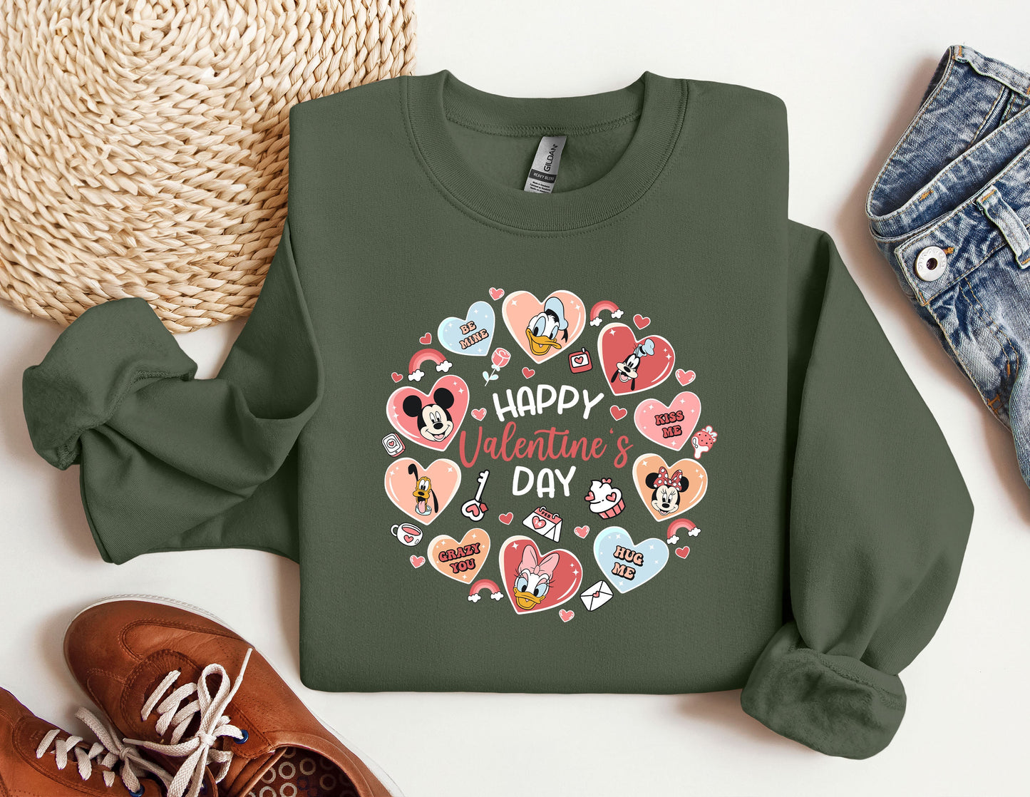 a green sweatshirt with hearts and the words happy valentine's day