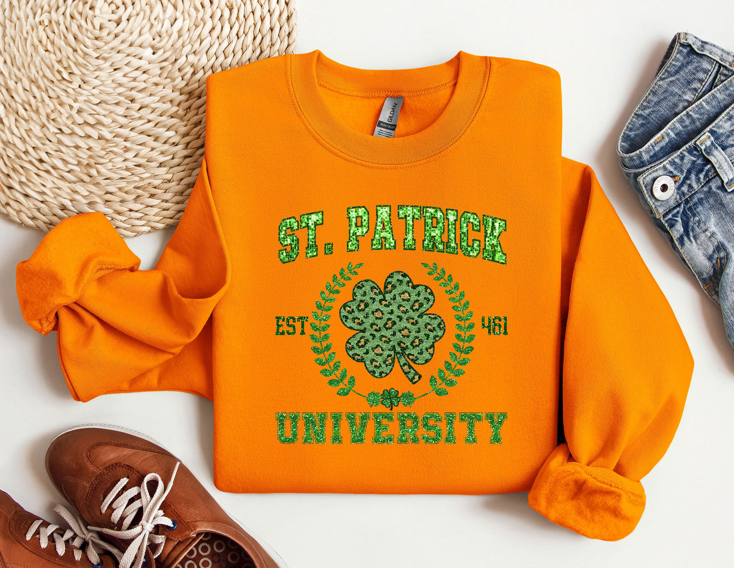 a st patrick's day sweatshirt and a pair of sneakers