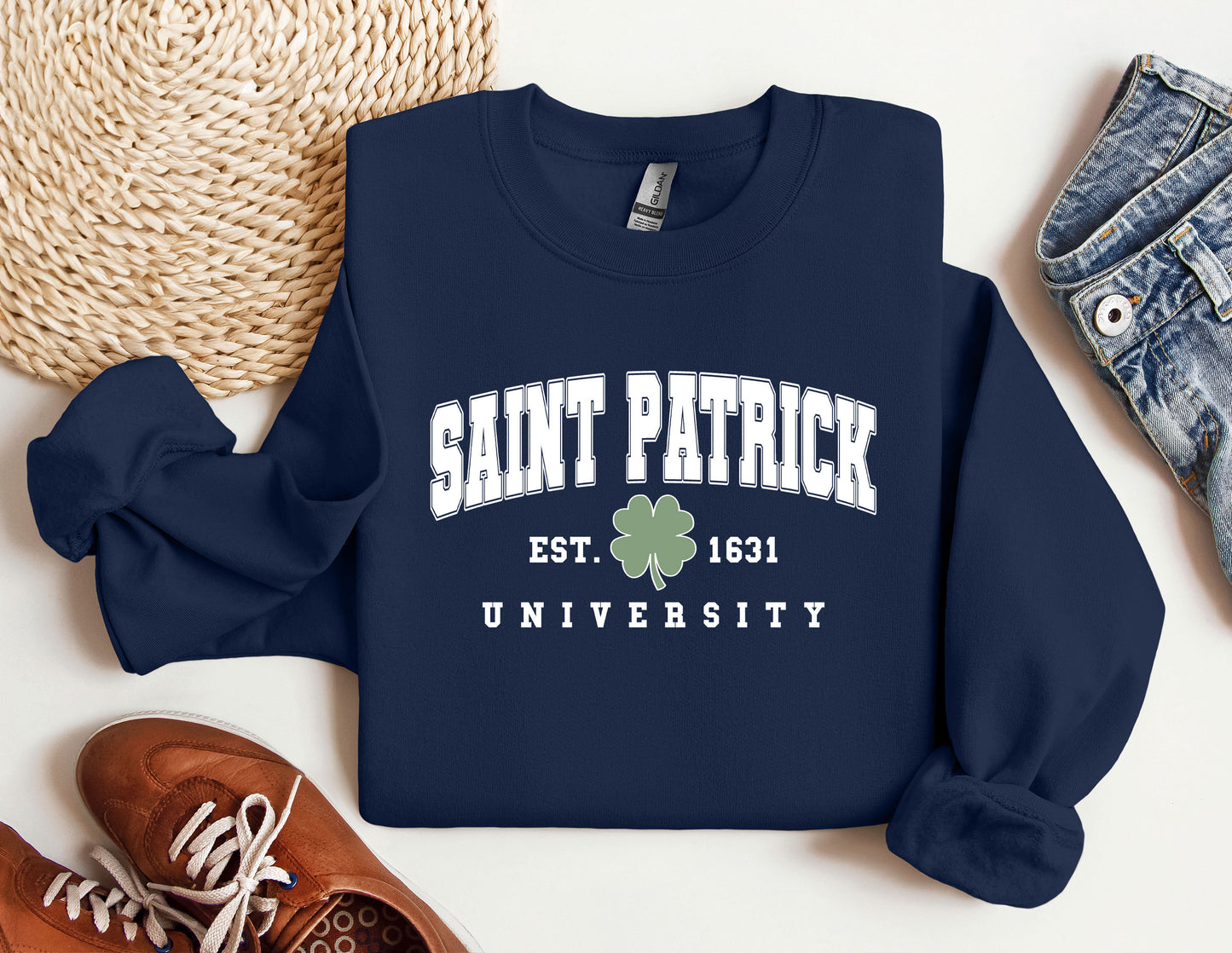 a st patrick's sweatshirt with a pair of shoes next to it