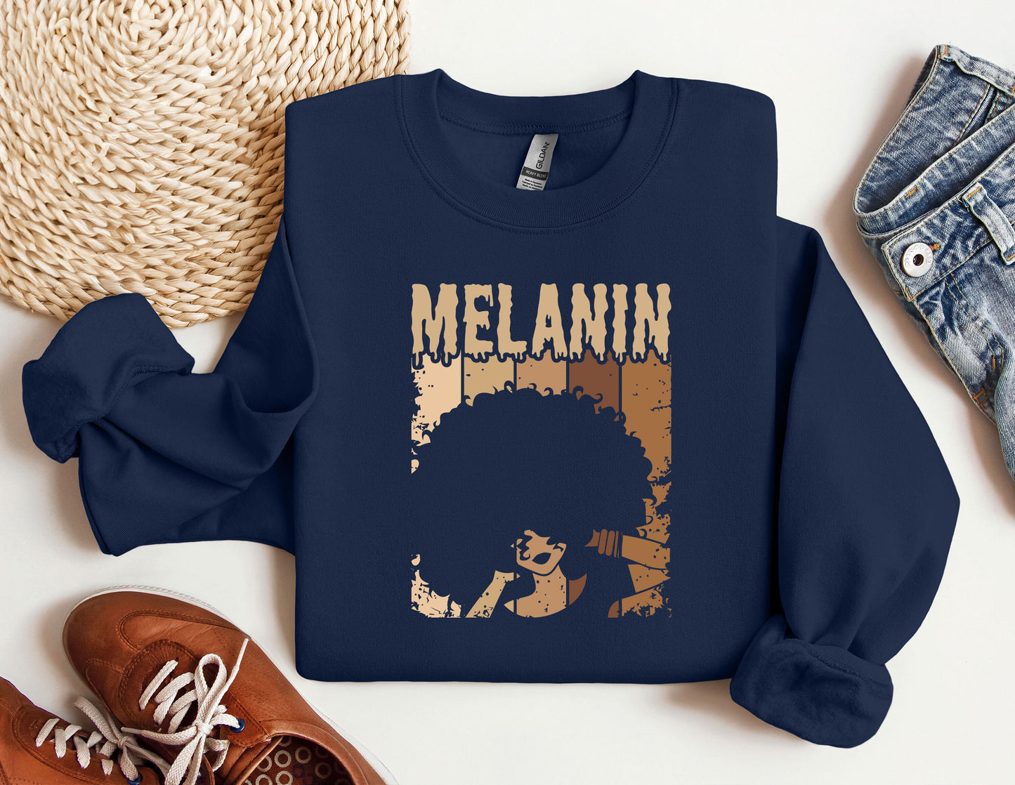 a blue sweatshirt with a picture of a woman's hair