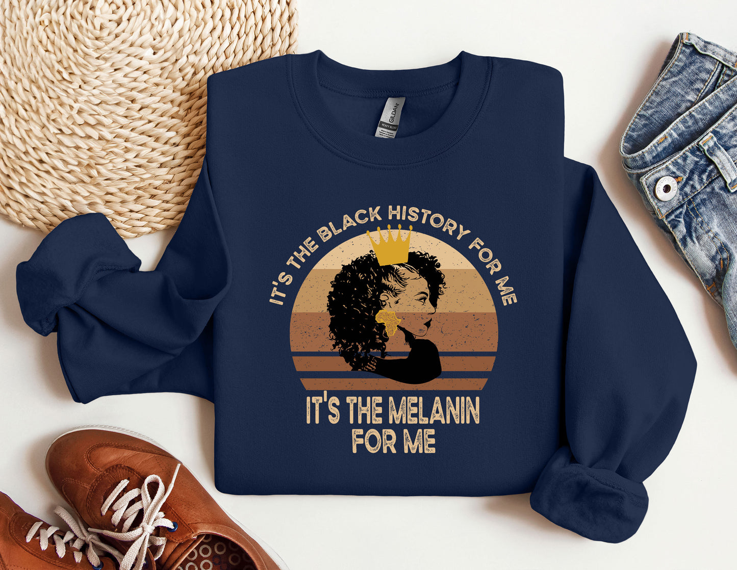 a blue sweatshirt with a picture of a woman's face and the words it
