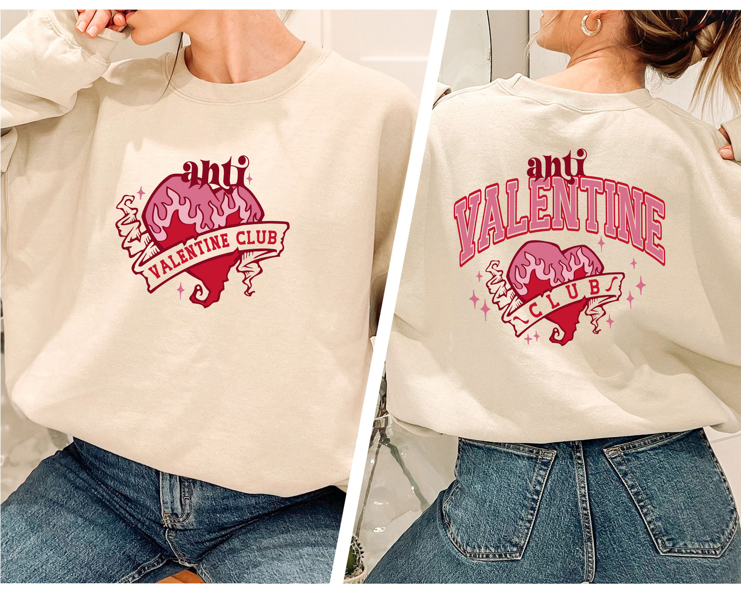 two pictures of a woman wearing a sweater with the words valentine's club on