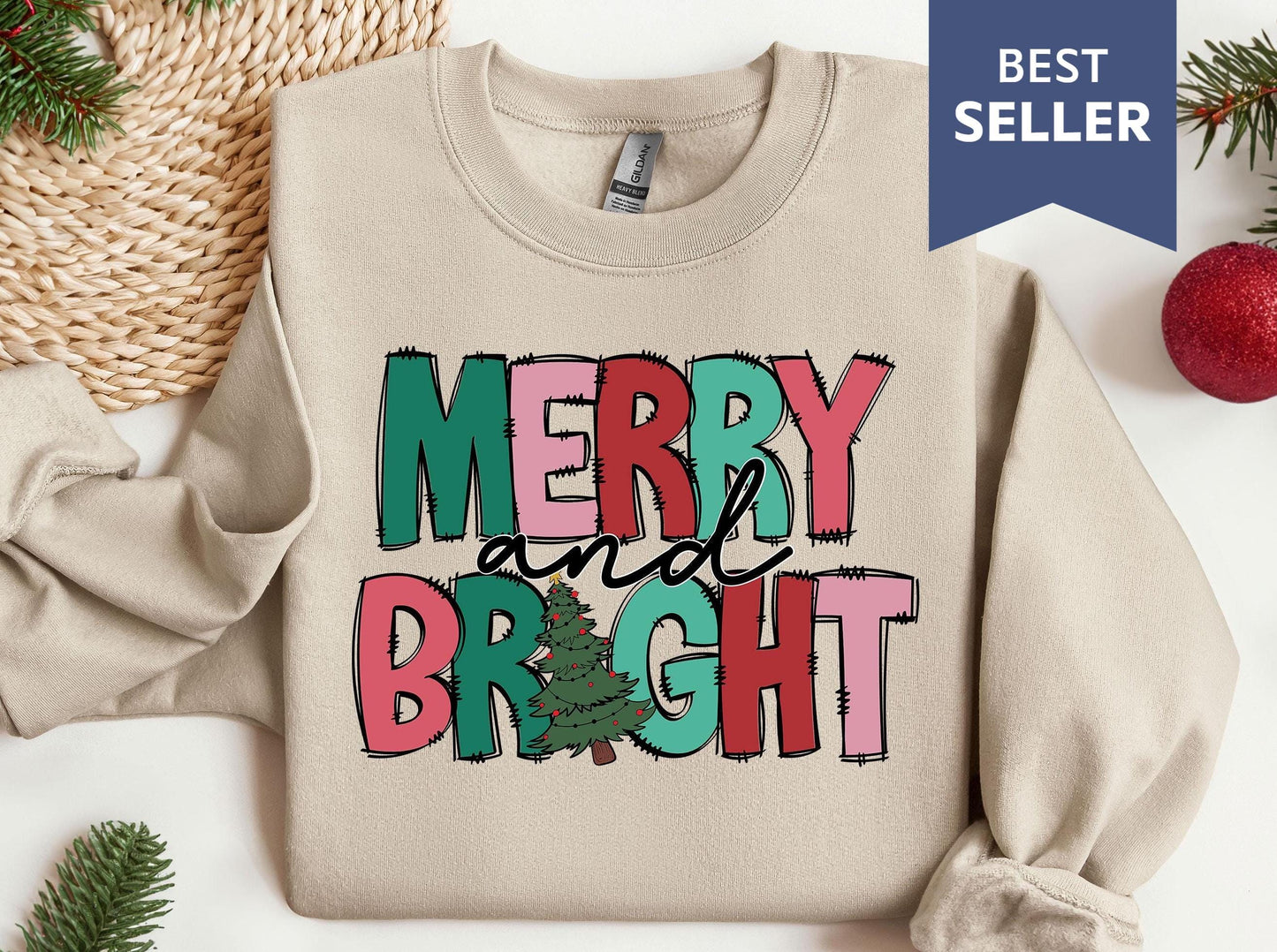 a sweater with a merry and bright design on it