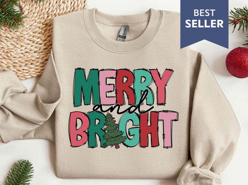 Merry and Bright Sweatshirt, Christmas Sweatshirt, Christmas Tree, Family Christmas Sweatshirt, Merry Christmas Sweatshirt, Winter Crewneck