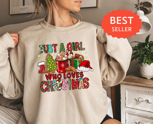 a woman wearing a sweatshirt that says, but a girl who loves christmas