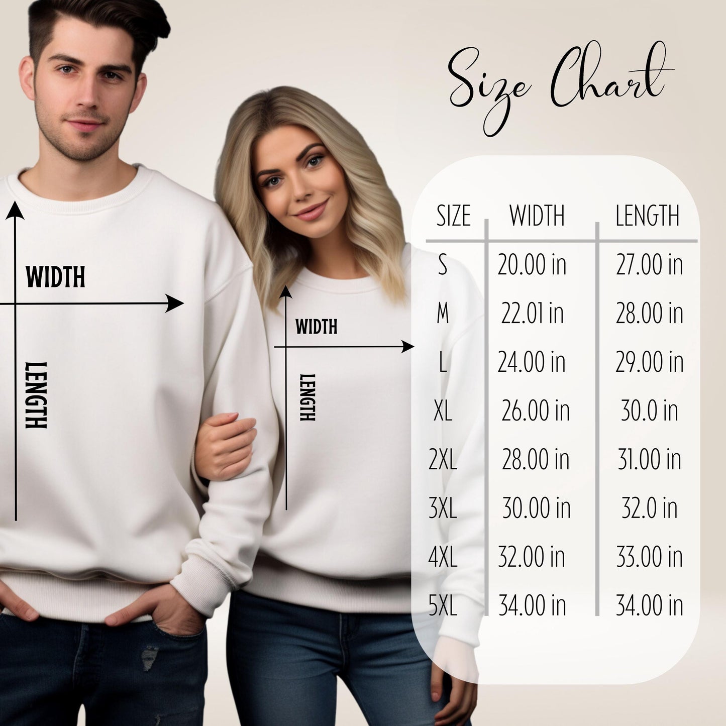 a man and woman wearing sweatshirts with measurements