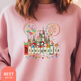 a woman wearing a pink mickey mouse sweatshirt