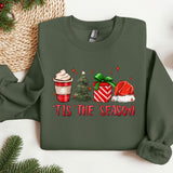 a green sweatshirt with a coffee and a christmas tree on it