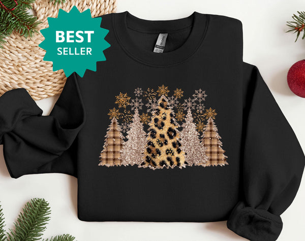 Christmas Sweatshirt, Christmas Tree Sweatshirt, Leopard Pattern, Family Christmas, Holiday Sweaters for Women, Winter Sweatshirt
