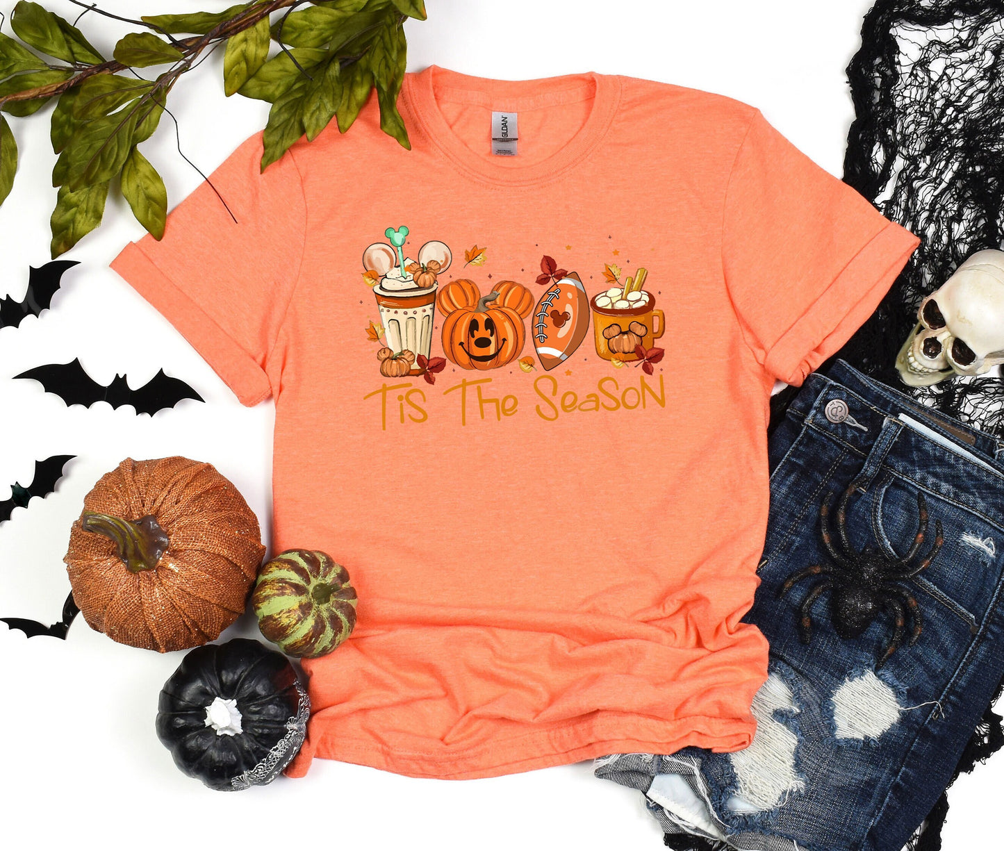 Mickey Ears Disney Halloween Coffee Tis The Season Shirt, Disney 2023 Halloween T-Shirt, Disney Fall Thanksgiving Pumpkin Football Gift Tee,