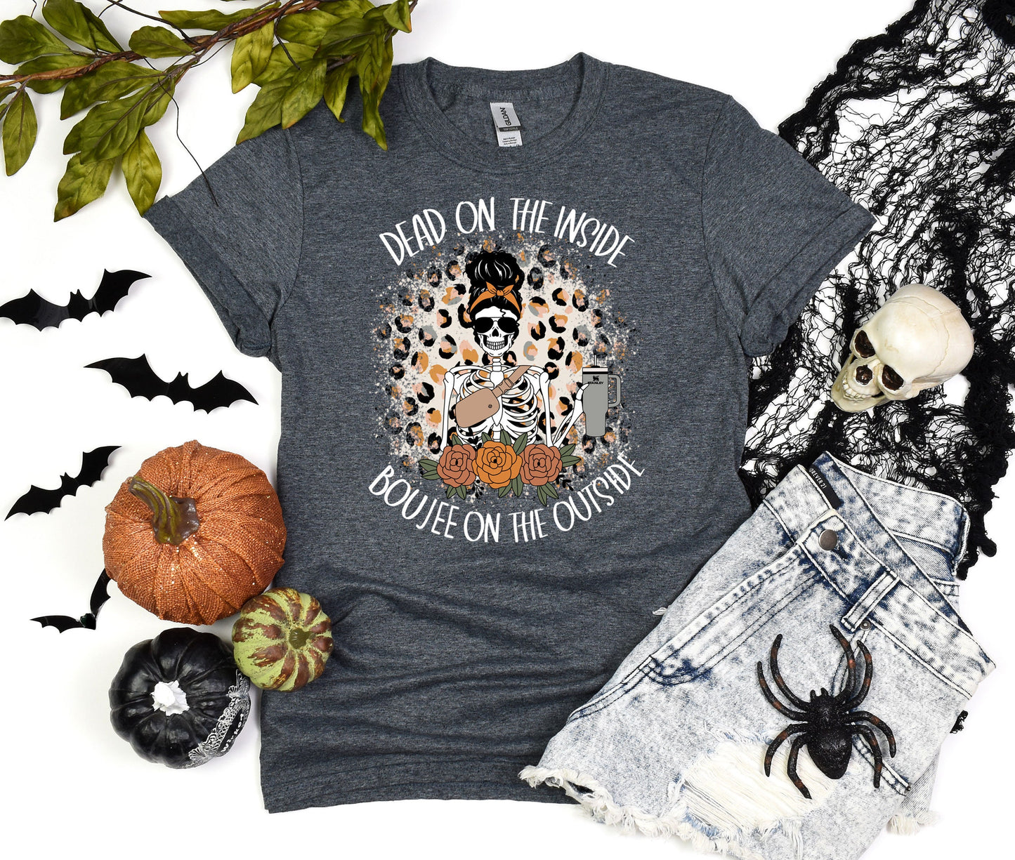 Women skeleton Halloween Tee, Dead Inside But Boojee Outside Shirt, Fall Bou jee Tumbler Skull shirt, Funny Halloween T-shirt, Custom Gift