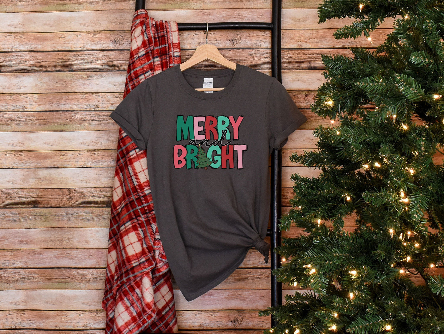 Merry and Bright T-Shirt, Women"s Christmas Shirt, Holiday Retro Tee, Merry Christmas T-Shirt, Gift for Christmas, Christmas Clothing