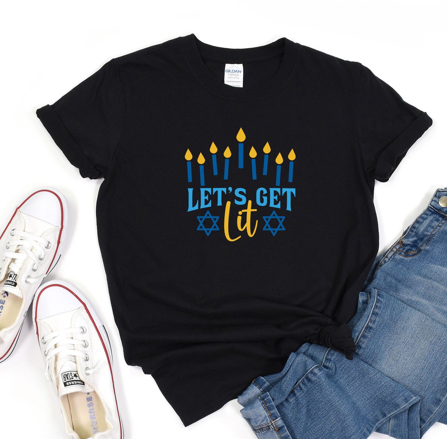 Let's Get Lit Hanukkah Sweatshirt for Women Gold & Silver Glitter Print - Hanukkah Sweaters, Funny Hanukkah shirts, menorah Jewish shirts