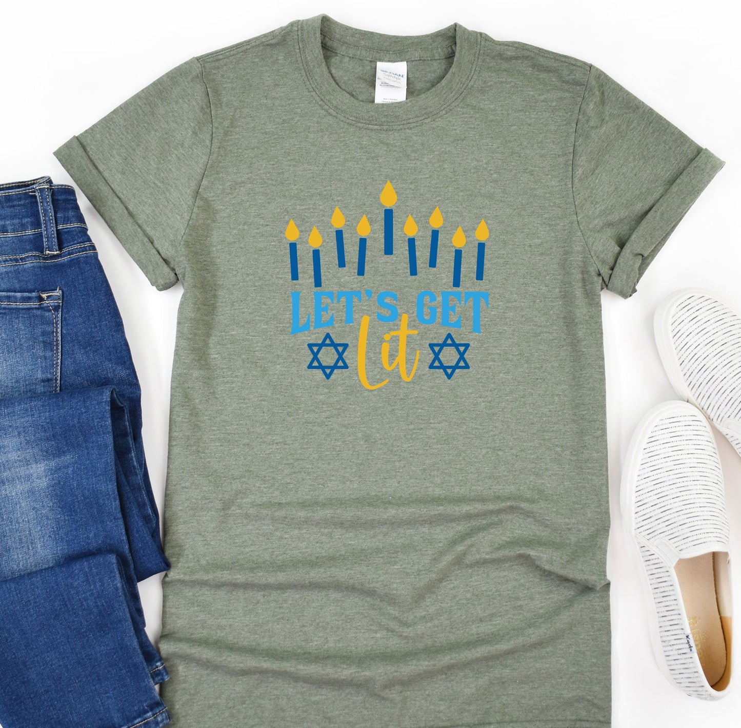 Let's Get Lit Hanukkah Sweatshirt for Women Gold & Silver Glitter Print - Hanukkah Sweaters, Funny Hanukkah shirts, menorah Jewish shirts