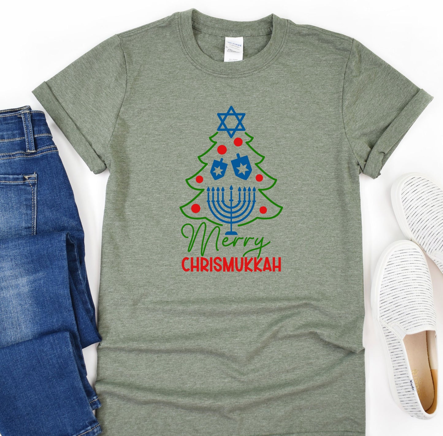 Happy Chrismukkah Shirt, Funny Hannukkah Shirts, Christmas Ugly T-Shirt, Hanukkah Menorah Shirt, Chanukah Jewish Holiday Celebration Tee