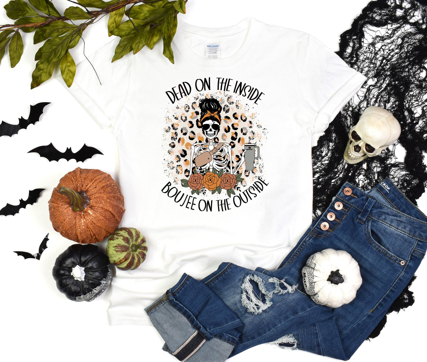 Women skeleton Halloween Tee, Dead Inside But Boojee Outside Shirt, Fall Bou jee Tumbler Skull shirt, Funny Halloween T-shirt, Custom Gift