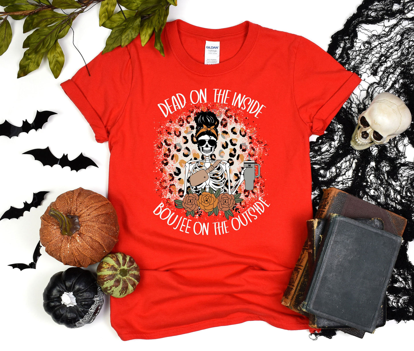 Women skeleton Halloween Tee, Dead Inside But Boojee Outside Shirt, Fall Bou jee Tumbler Skull shirt, Funny Halloween T-shirt, Custom Gift