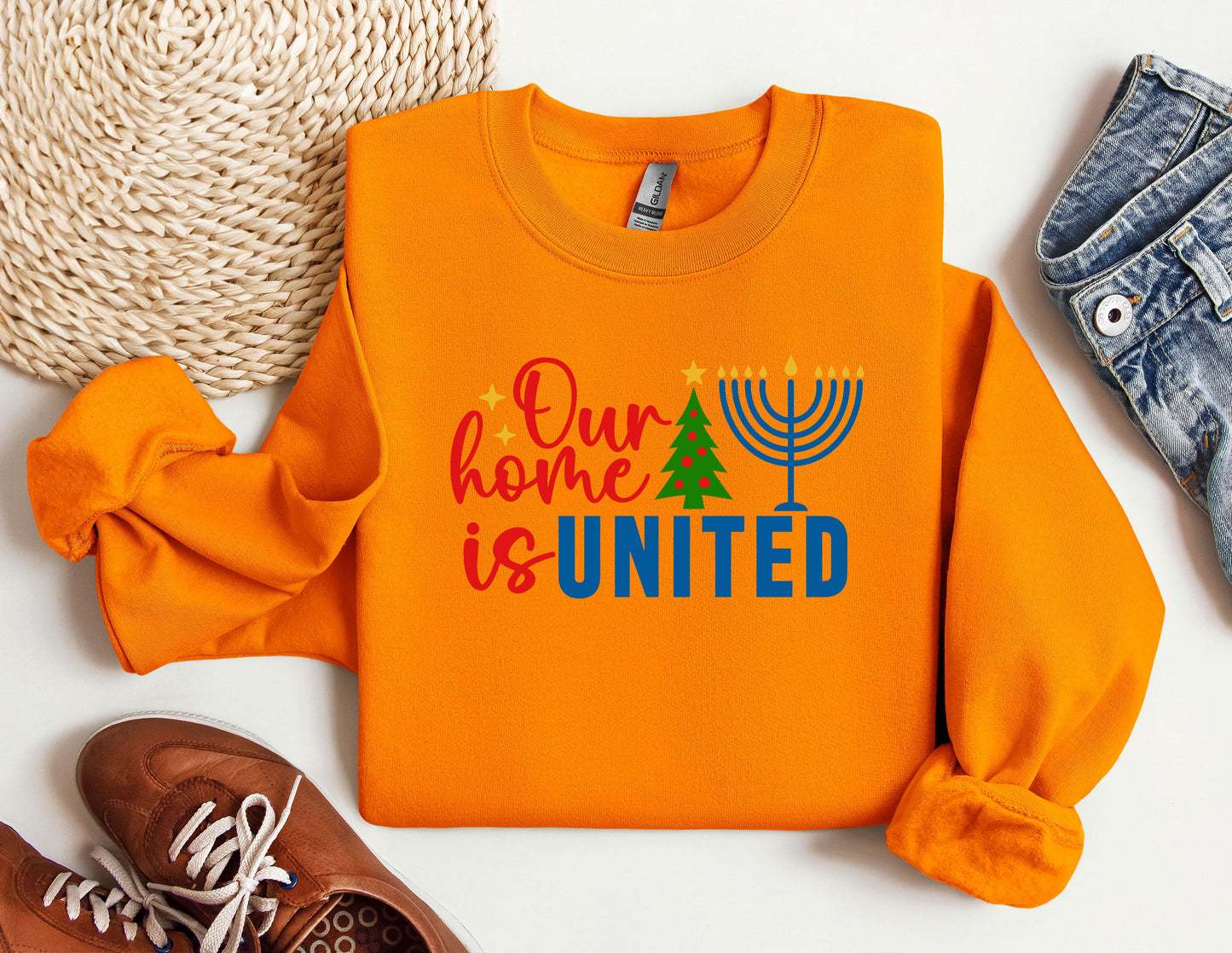 Our Home Is United Sweatshirt, Happy Hanukkah Sweatshirt, Jewish Sweatshirt, Holiday Hanukkah Hoodie, Hanukkah Hoodie, Jewish Saying Hoodies