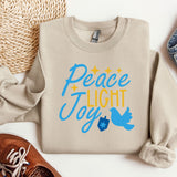 Peace Light Joy Sweatshirt, Happy Hanukkah Sweatshirt, Jewish Sweatshirt, Holiday Hanukkah Hoodie, Hanukkah Sweatshirt, Jewish Saying Hoodie