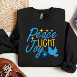 Peace Light Joy Sweatshirt, Happy Hanukkah Sweatshirt, Jewish Sweatshirt, Holiday Hanukkah Hoodie, Hanukkah Sweatshirt, Jewish Saying Hoodie