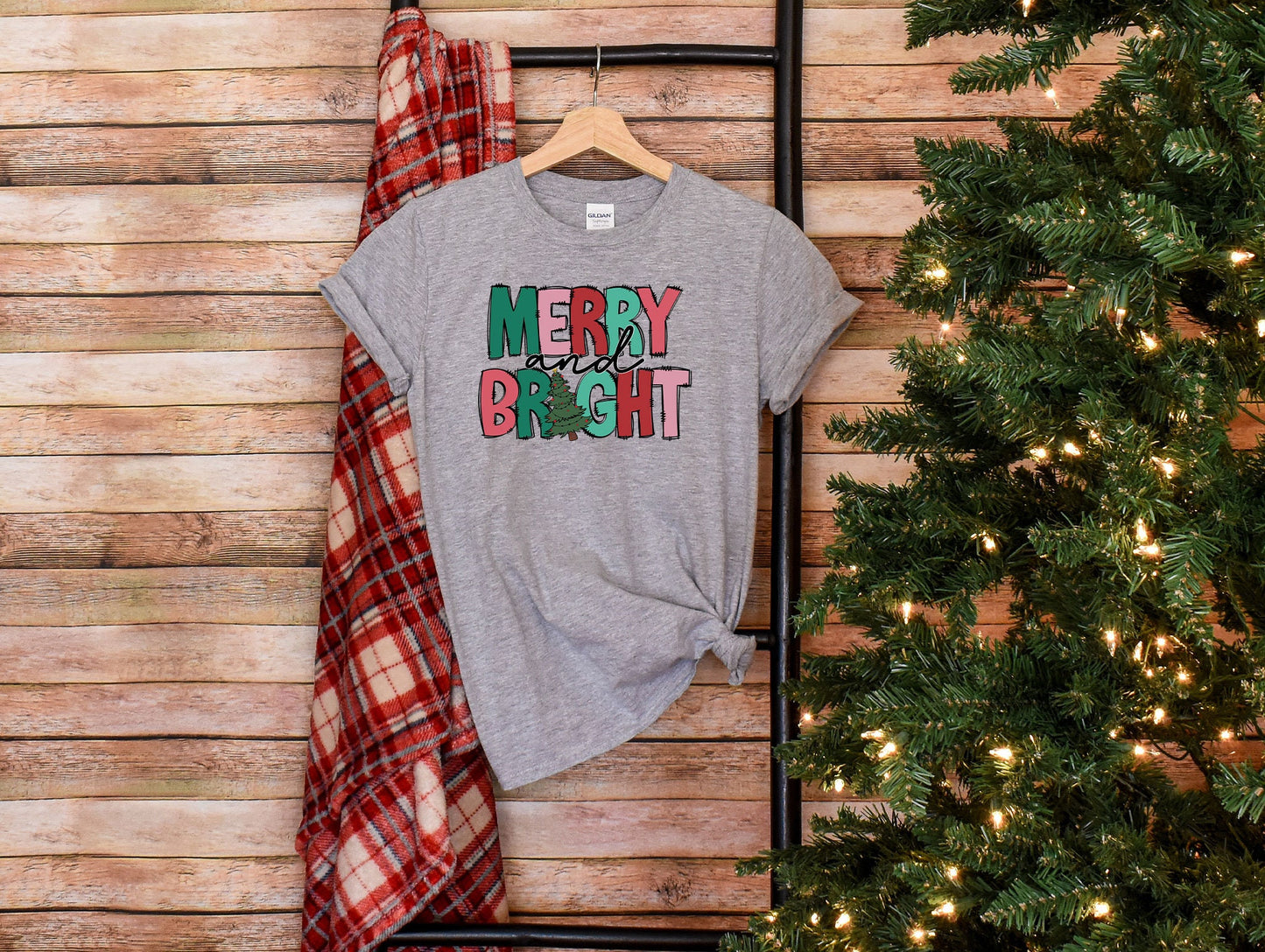 Merry and Bright T-Shirt, Women"s Christmas Shirt, Holiday Retro Tee, Merry Christmas T-Shirt, Gift for Christmas, Christmas Clothing