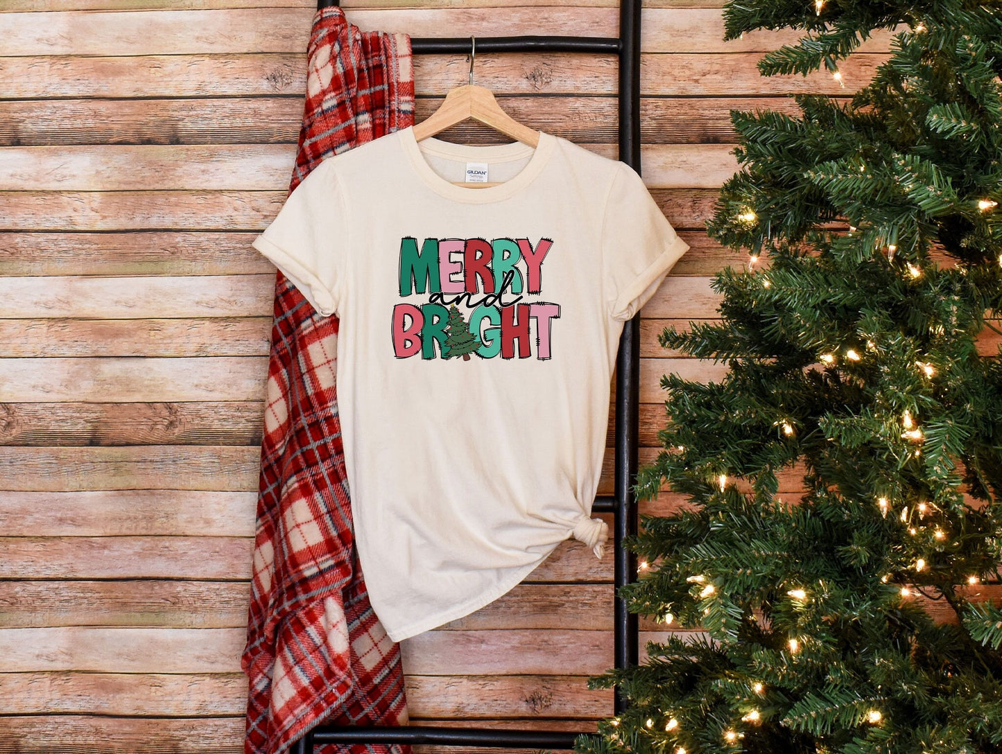 Merry and Bright T-Shirt, Women"s Christmas Shirt, Holiday Retro Tee, Merry Christmas T-Shirt, Gift for Christmas, Christmas Clothing