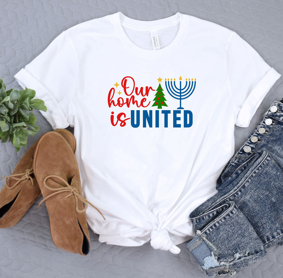 Our Home Is United Shirt, Happy Hanukkah Shirt, Jewish Cristian Shirt, Holiday Hanukkah Shirt, Jewish Saying Shirt, Religious Shirt