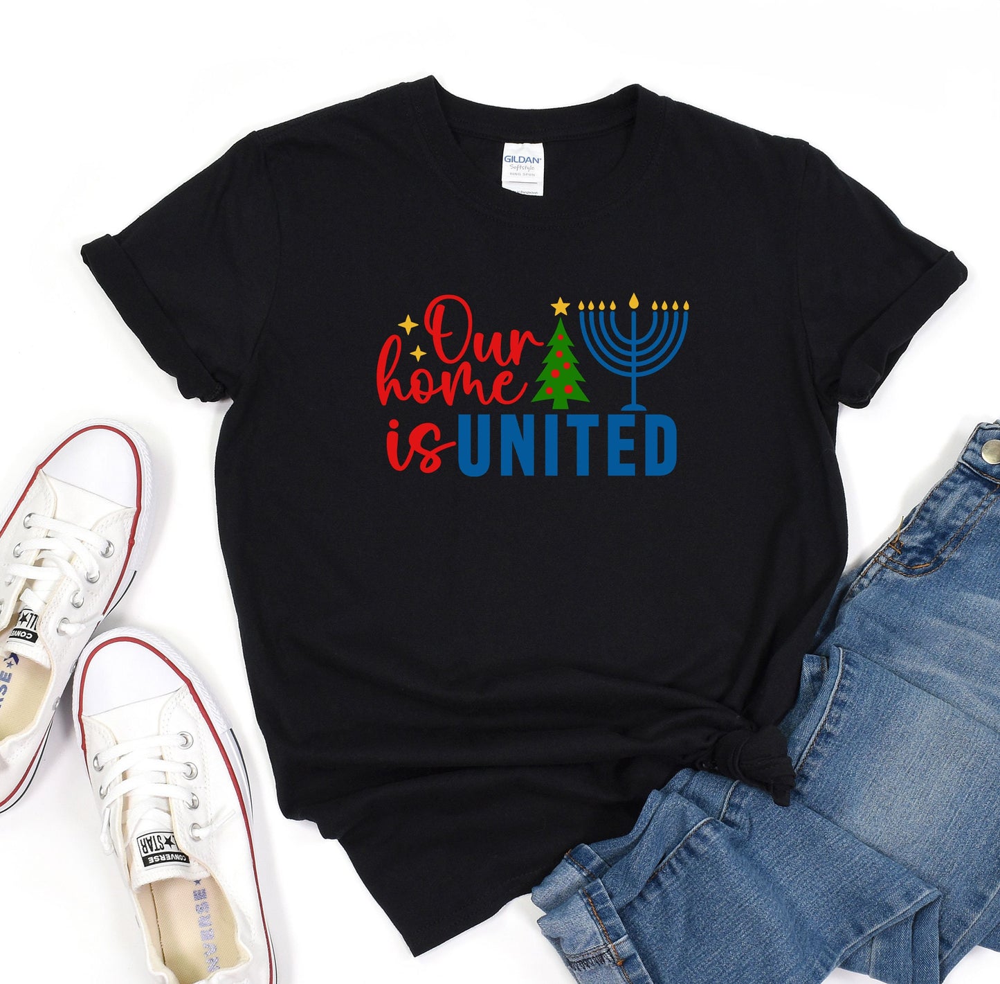 Our Home Is United Shirt, Happy Hanukkah Shirt, Jewish Cristian Shirt, Holiday Hanukkah Shirt, Jewish Saying Shirt, Religious Shirt