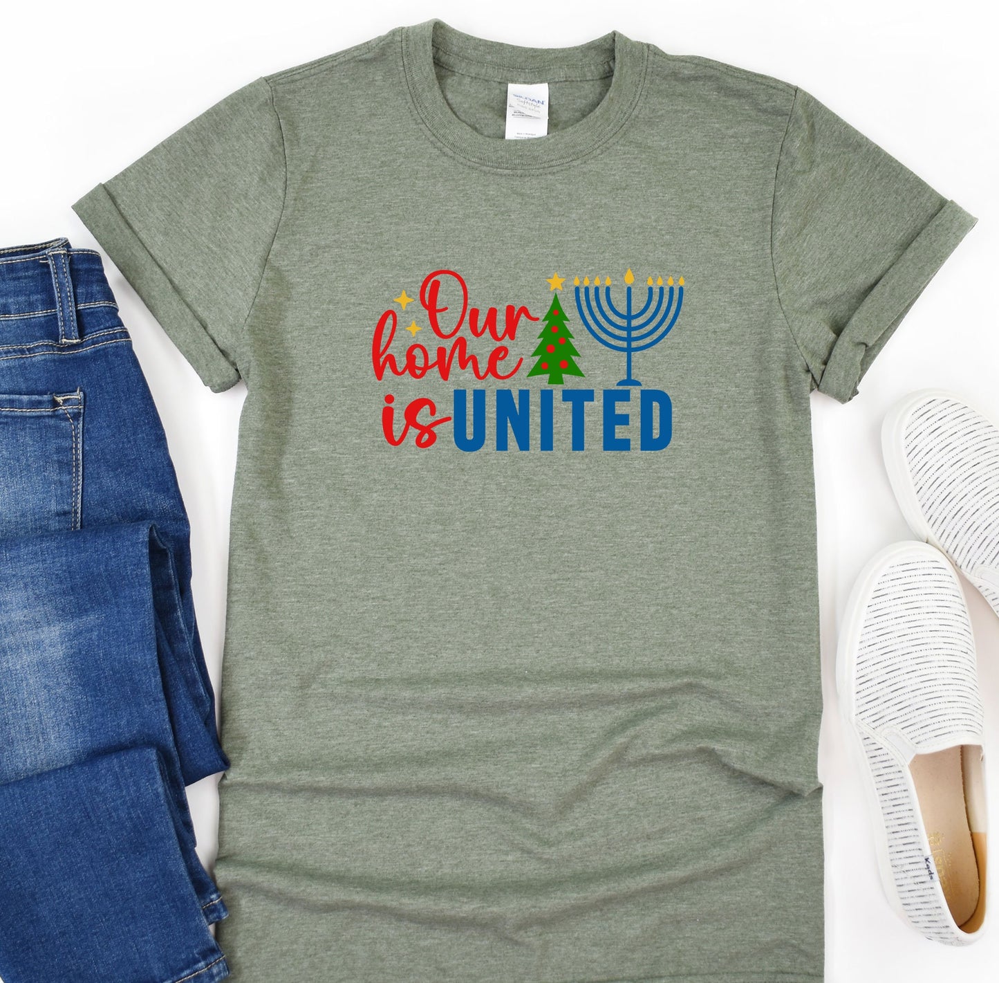 Our Home Is United Shirt, Happy Hanukkah Shirt, Jewish Cristian Shirt, Holiday Hanukkah Shirt, Jewish Saying Shirt, Religious Shirt