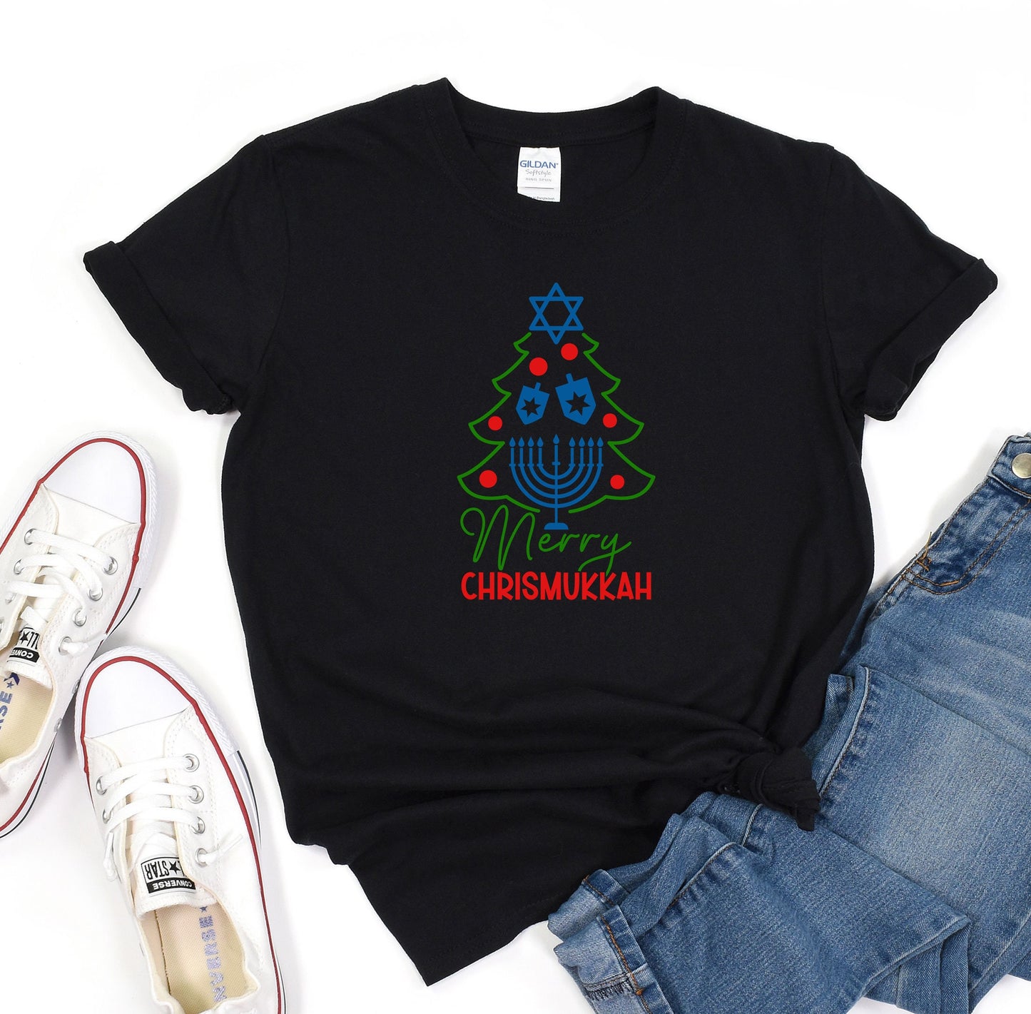 Happy Chrismukkah Shirt, Funny Hannukkah Shirts, Christmas Ugly T-Shirt, Hanukkah Menorah Shirt, Chanukah Jewish Holiday Celebration Tee