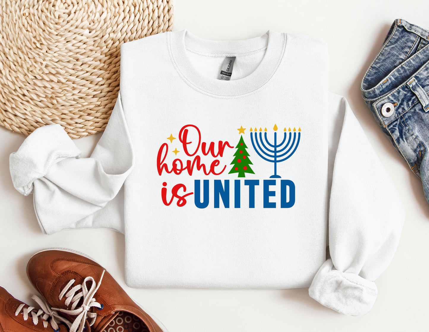 Our Home Is United Sweatshirt, Happy Hanukkah Sweatshirt, Jewish Sweatshirt, Holiday Hanukkah Hoodie, Hanukkah Hoodie, Jewish Saying Hoodies