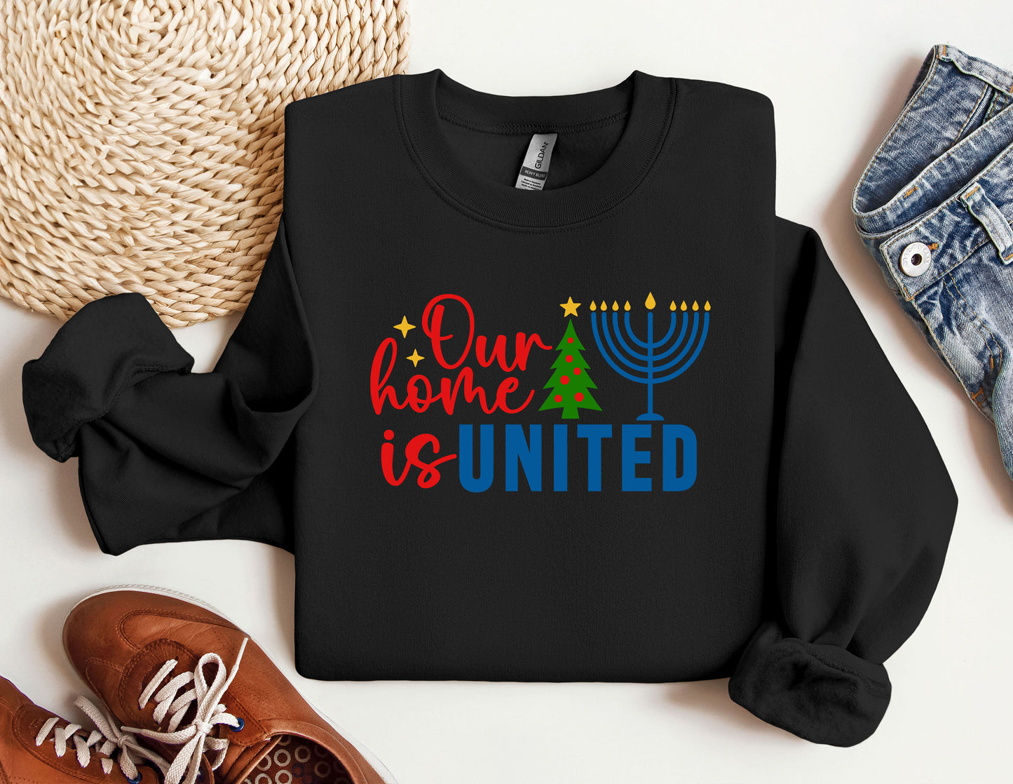 Our Home Is United Sweatshirt, Happy Hanukkah Sweatshirt, Jewish Sweatshirt, Holiday Hanukkah Hoodie, Hanukkah Hoodie, Jewish Saying Hoodies