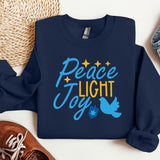 Peace Light Joy Sweatshirt, Happy Hanukkah Sweatshirt, Jewish Sweatshirt, Holiday Hanukkah Hoodie, Hanukkah Sweatshirt, Jewish Saying Hoodie