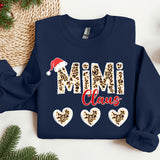a blue sweatshirt with leopard print and a santa hat
