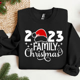 a black sweatshirt with a santa hat on it