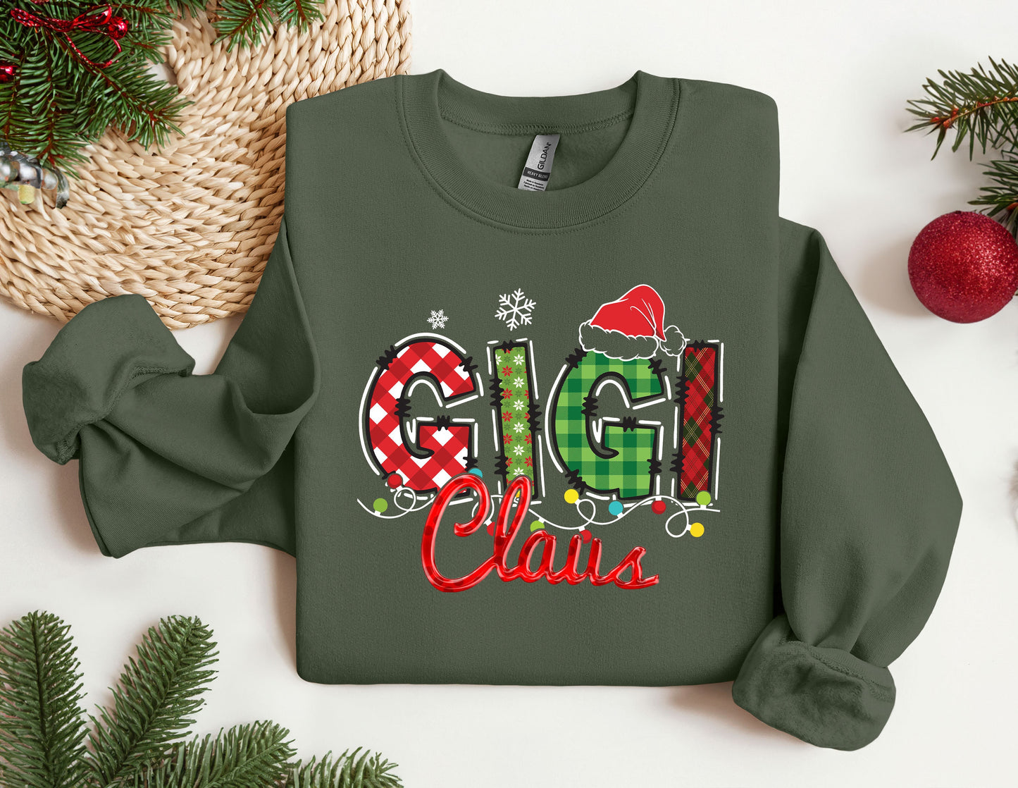 a green sweatshirt with the word ggi claus on it