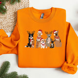 a group of dogs wearing santa hats on an orange sweater