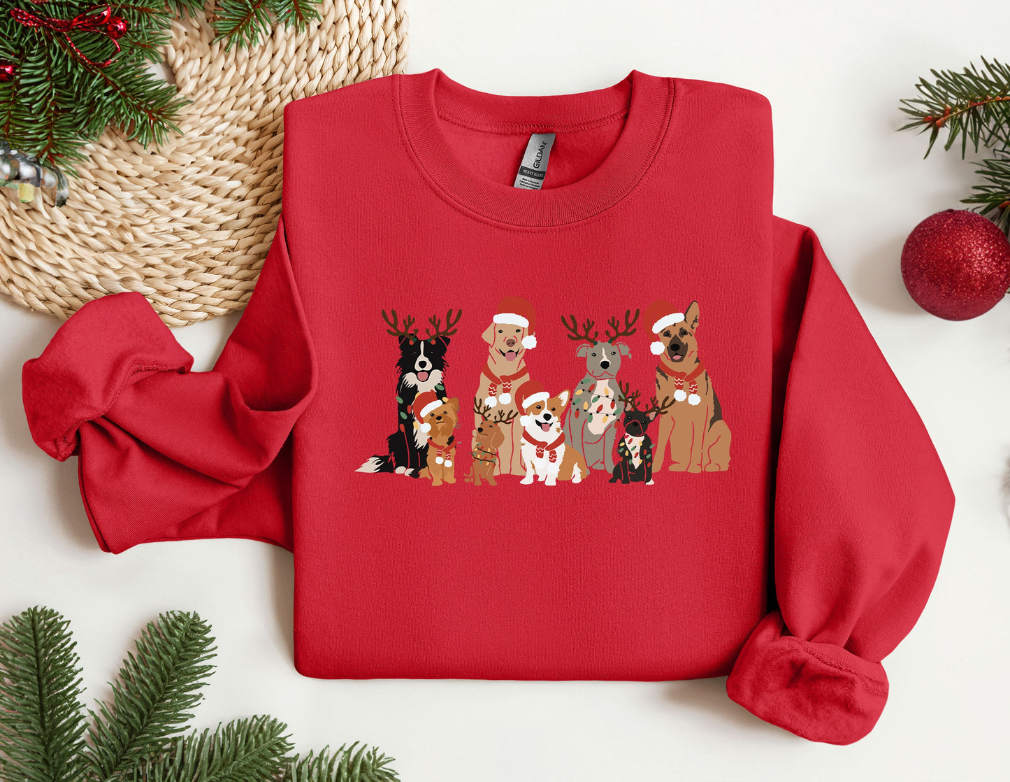 a group of dogs wearing santa hats on a red sweater