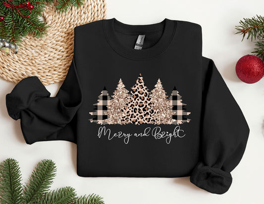 Merry Christmas Tree Leopard Sweatshirt, Merry & Bright Christmas Sweat, Holiday Sweater, Women Holiday Hoodie, Winter Shirt, Christmas Gift