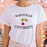a woman wearing a t - shirt that says whoville university