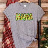 a gray shirt with the word mama printed on it